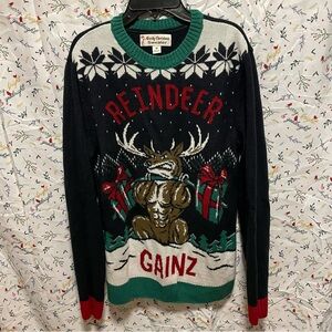 NWOT Perfect Christmas Sweater Buff Reindeer Gainz Novelty Sweater Size M